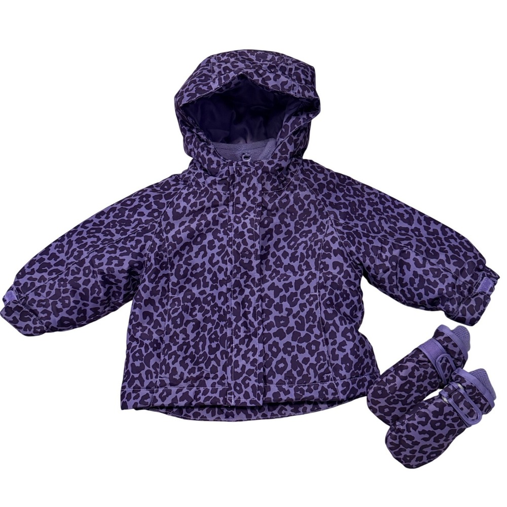 The Children's Place Purple Leopard Print Winter Jacket and Mittens Set 6-9M
